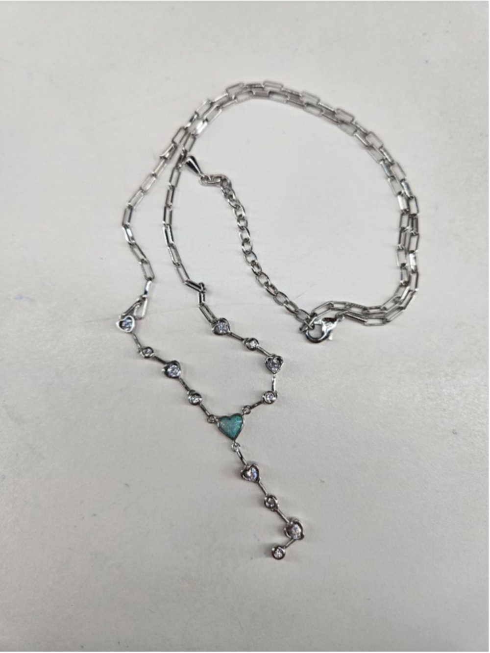 Bomb Party Necklace Silvertone Turquoise Heart Y-Drop Crystal Sparkle Long